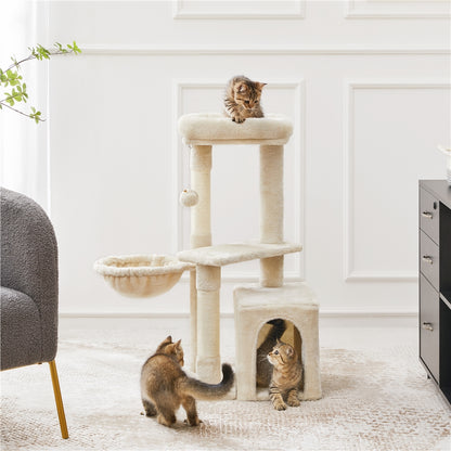Stylish 4.5'' Beige Cat Tree Condo with Scratching Post Tower, Basket, and Sisal Ropes