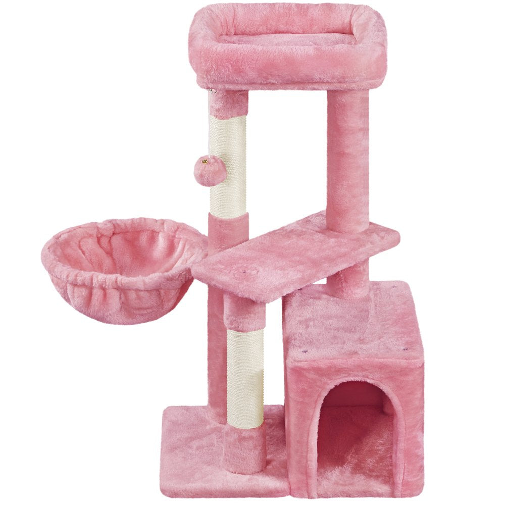Stylish 4.5'' Pink Cat Tree Condo with Scratching Post Tower, Basket, and Sisal Ropes
