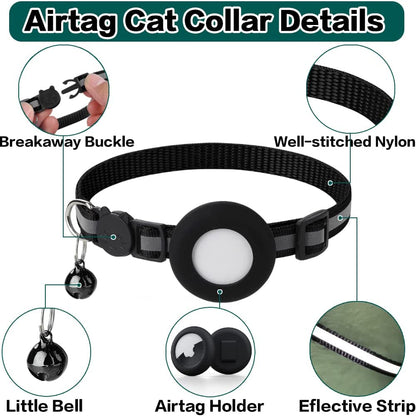 Breakaway Cat Collar with Airtag Holder, Reflective Design, Bell - Ideal for Girl and Boy Cats, 0.4'' Width, Lightweight (Black)