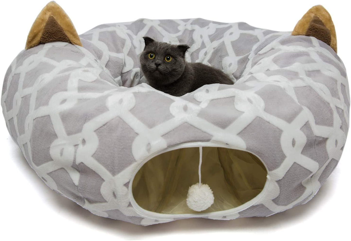 Spacious Cat Tunnel Bed with Plush Cover, Fluffy Toy Balls, Small Cushion, and Flexible Design - 10 Inch Diameter, 3 Ft Length - Perfect for Cats, Stylish Gray Geometric Figure