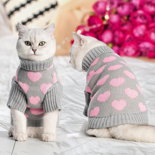  Valentine's Day Pet Sweater: Cozy Heart Pattern, Soft Knit, Warm Turtleneck for Small Cats and Kittens in Gray