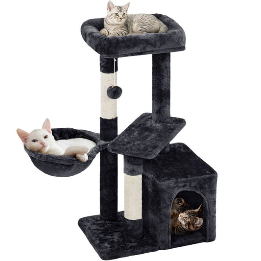 Stylish 4.5'' Black Cat Tree Condo with Scratching Post Tower, Basket, and Sisal Ropes