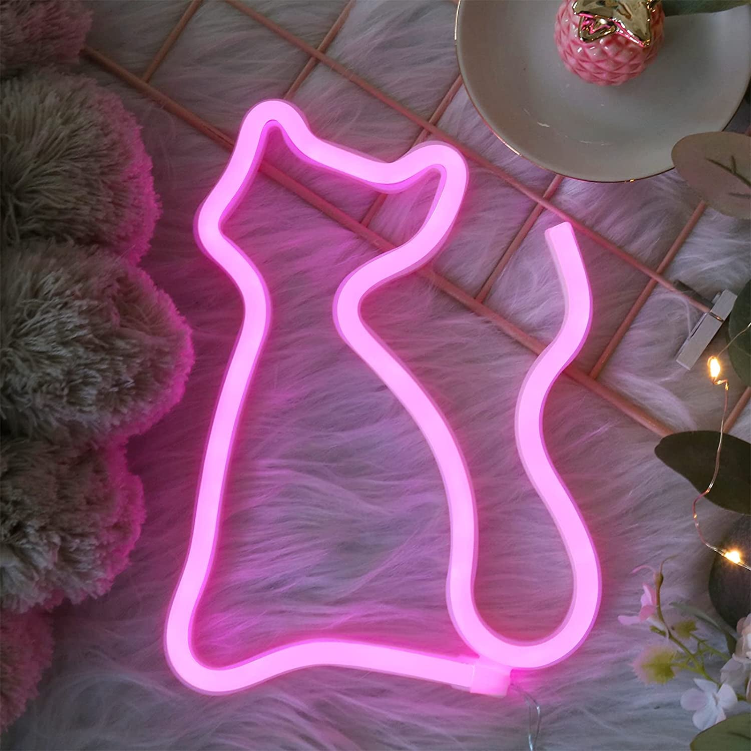 Pink LED Cat Neon Wall Lights - Battery or USB Operated Room Decor, Ideal Cat Lover Gifts