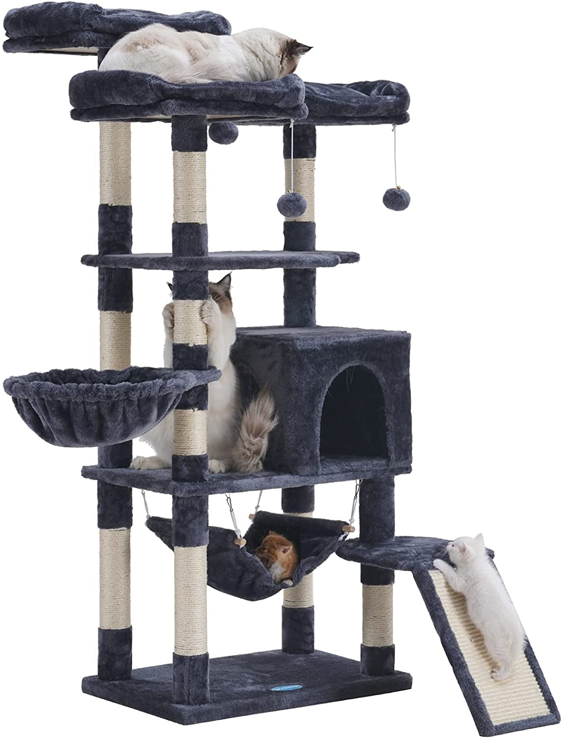 Smoky Gray Multi-Level Cat Tower with Spacious Hammock, 3 Cozy Perches, and Scratching Posts - Stable Structure for Kittens and Large Cats