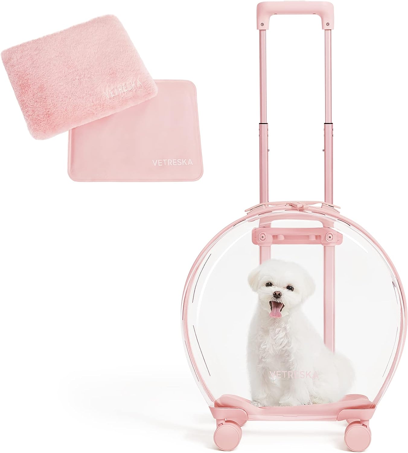 Pink Pet Carrier with Wheels, Telescopic Handle, and 2 Mats - Convenient Pet Travel Luggage for Cats and Small Dogs