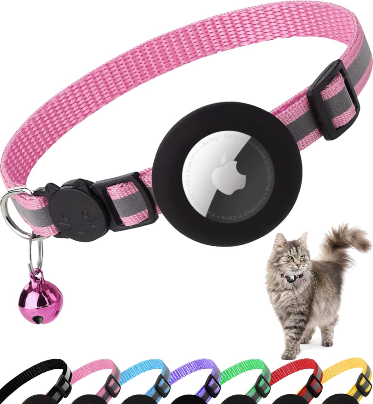 Breakaway Cat Collar with Airtag Holder, Reflective Design, Bell - Ideal for Girl and Boy Cats, 0.4'' Width, Lightweight (Pink)