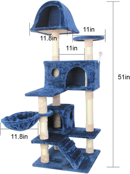 Blue Flannelette Cat Tree - Multi-Level Pet Condo Furniture with Sisal Scratching Posts, Ideal for Cats and Kittens, 51 Inches High