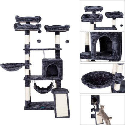 Smoky Gray Multi-Level Cat Tower with Spacious Hammock, 3 Cozy Perches, and Scratching Posts - Stable Structure for Kittens and Large Cats