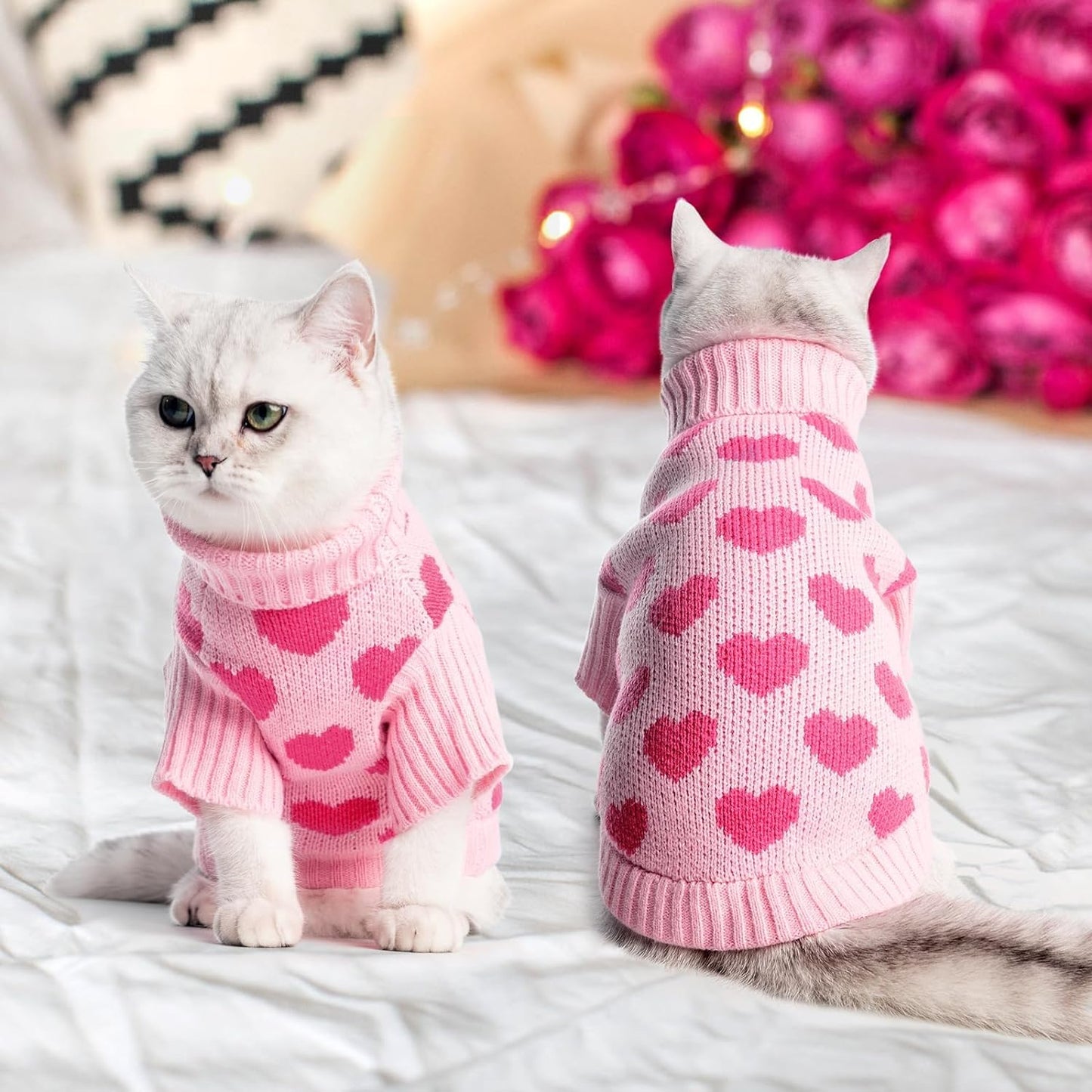 Valentine's Day Cat Sweater: Cozy Heart Pattern, Soft Knit, and Warm Turtleneck for Small Cats and Kittens in Pink.
