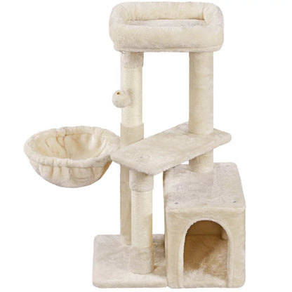 Stylish 4.5'' Beige Cat Tree Condo with Scratching Post Tower, Basket, and Sisal Ropes