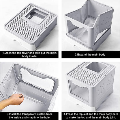 Large Foldable Cat Litter Box with Lid - Top Entry Design for Anti-Splashing, Includes Pet Plastic Scoop