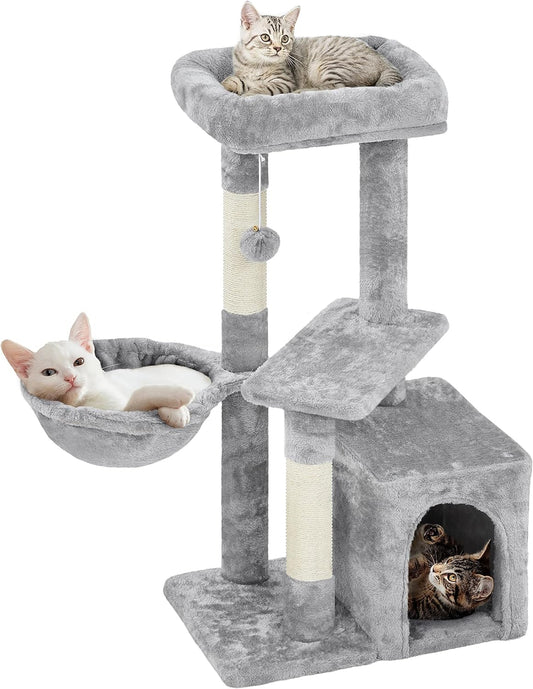Stylish 4.5'' Light Gray Cat Tree Condo with Scratching Post Tower, Basket, and Sisal Ropes