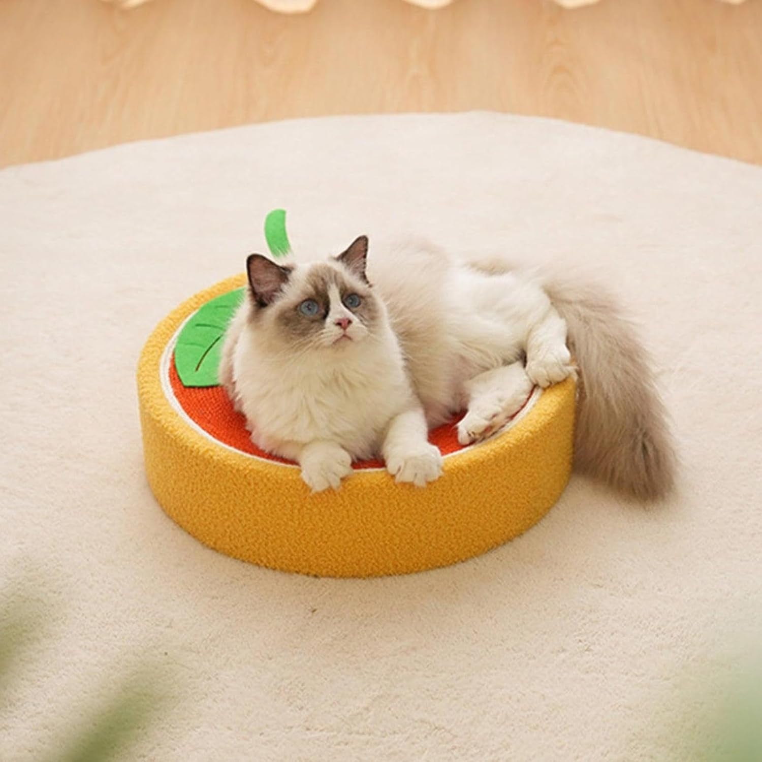 Orange Round Cat Bed - Cute and Functional Cat Scratching Bowl Post