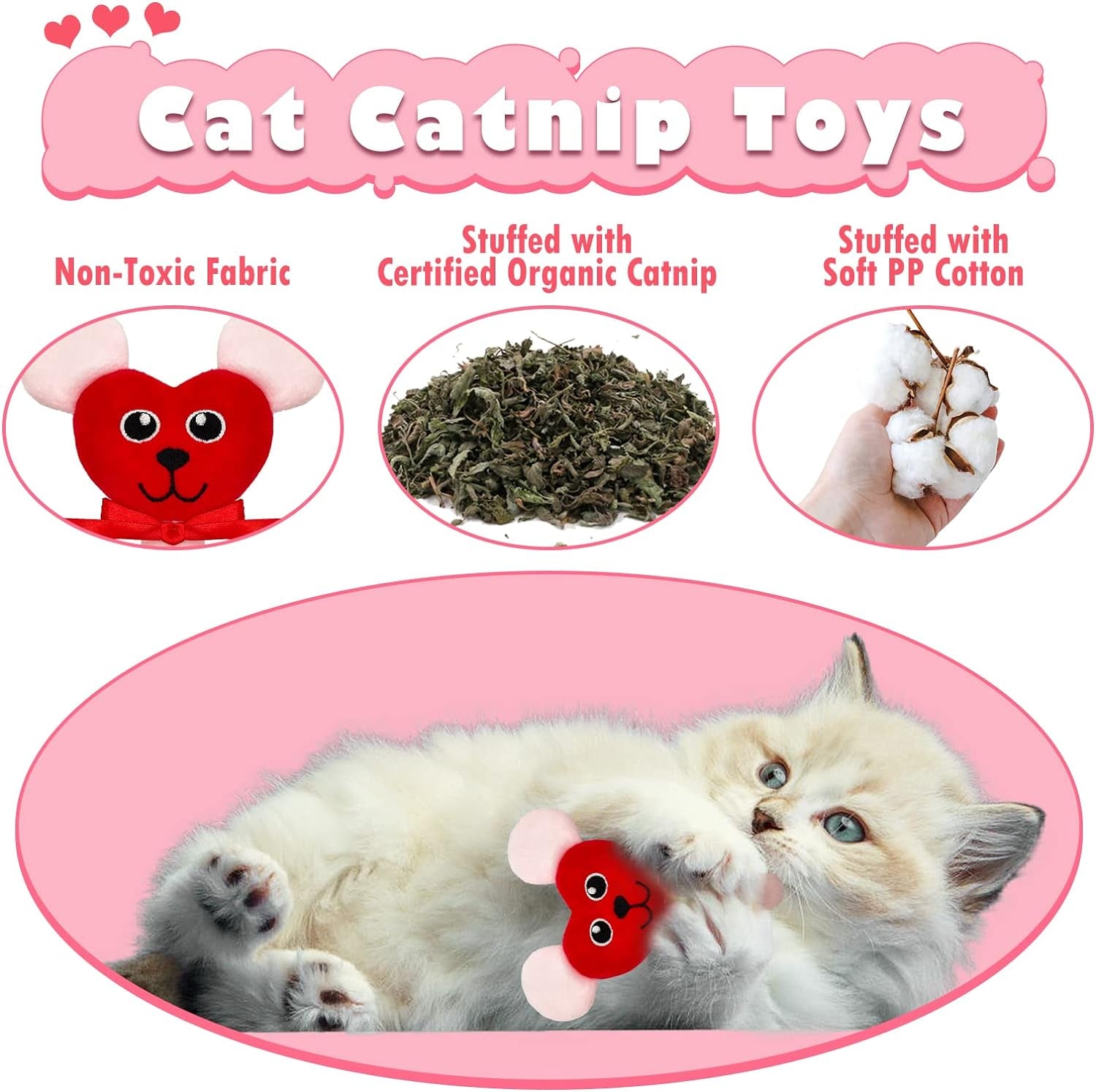 Valentine's Day Cat Toy 6-Pack - Heart-Shaped Catnip Toys with Bells, Ideal Gifts for Indoor Cats & Kittens