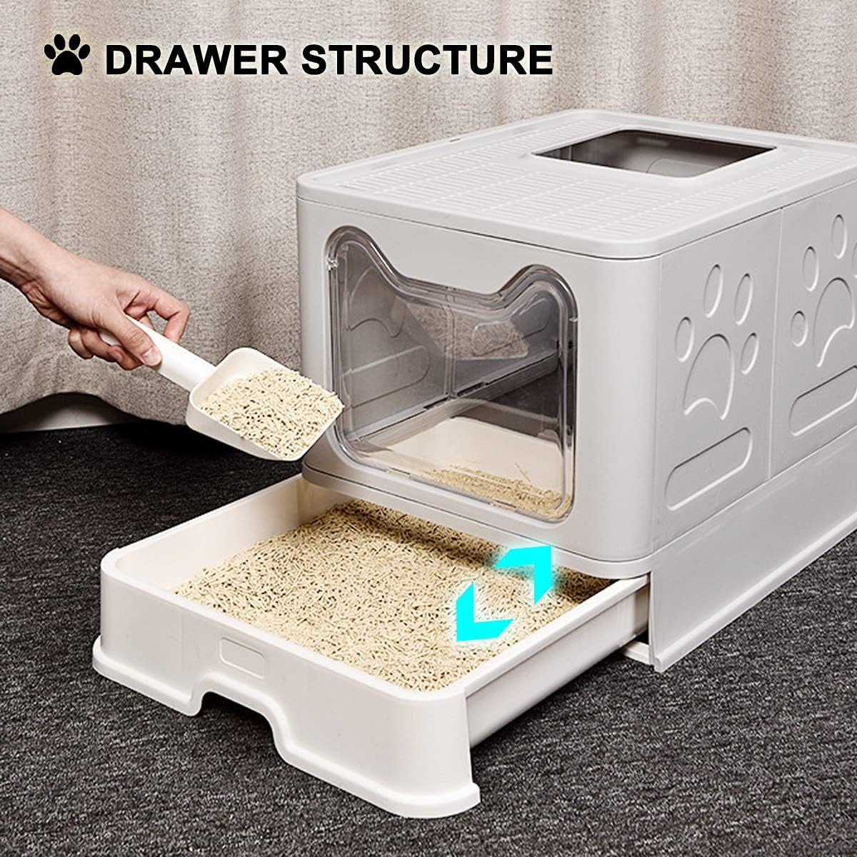 Large Foldable Cat Litter Box with Lid - Top Entry Design for Anti-Splashing, Includes Pet Plastic Scoop