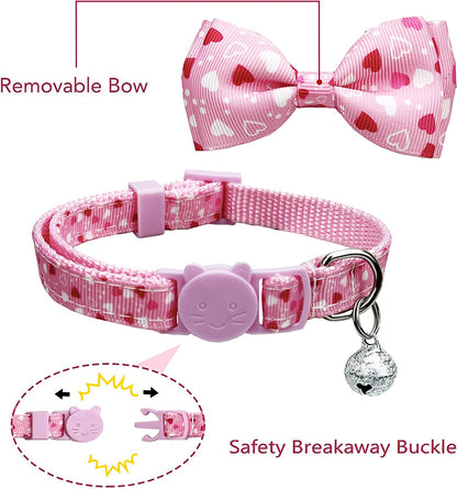 Valentine's Day 2-Pack Kitty Kitten Collars with Bow Ties: Heart-themed, Bells Included