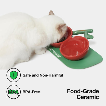 Ceramic Cherry Cat Food Bowls - Tilted Dish for Indoor Cats, Wide Non-Slip Bowl, Anti-Noise, Protecting Spine and Whiskers Design