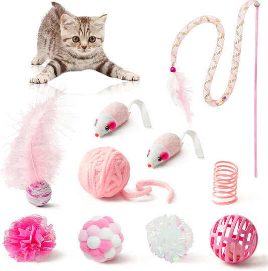 Valentine's Day 10-Piece Interactive Cat Toy Set: Feather Teaser Wand, Cat Springs, Mice, Crinkle Balls, and Pet Bell Balls – Puzzle Toys for Indoor Cats