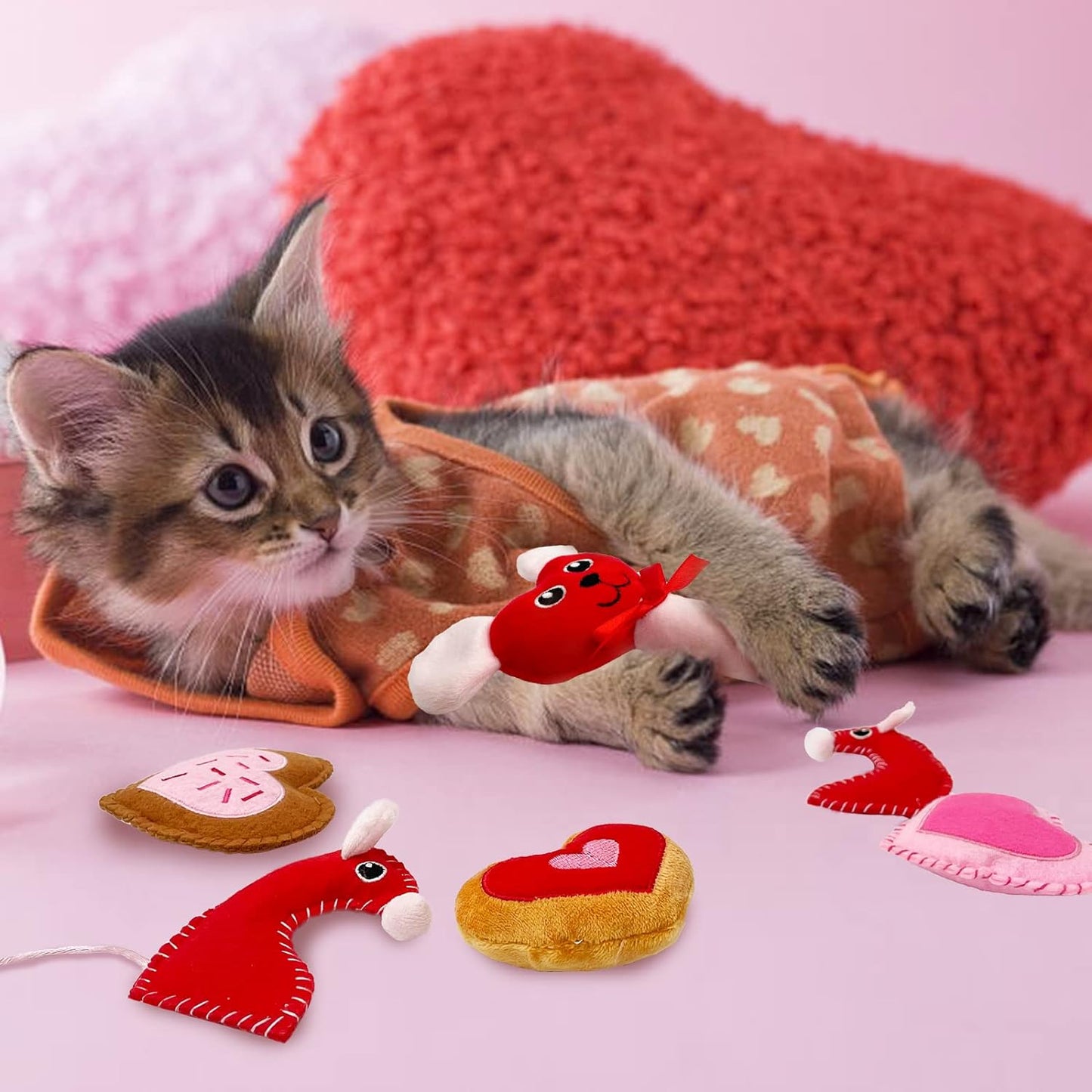Valentine's Day Cat Toy 6-Pack - Heart-Shaped Catnip Toys with Bells, Ideal Gifts for Indoor Cats & Kittens