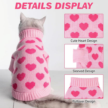 Valentine's Day Cat Sweater: Cozy Heart Pattern, Soft Knit, and Warm Turtleneck for Small Cats and Kittens in Pink.