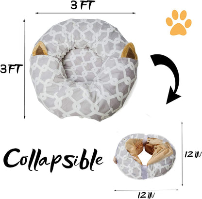Spacious Cat Tunnel Bed with Plush Cover, Fluffy Toy Balls, Small Cushion, and Flexible Design - 10 Inch Diameter, 3 Ft Length - Perfect for Cats, Stylish Gray Geometric Figure