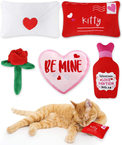 Valentine's Day Catnip Toy Set: 5 Soft Plush Toys with Love Letters, Hearts, and Roses – Interactive and Catnip Filled for Kitty Delight, Perfect Gift for Cat Lovers