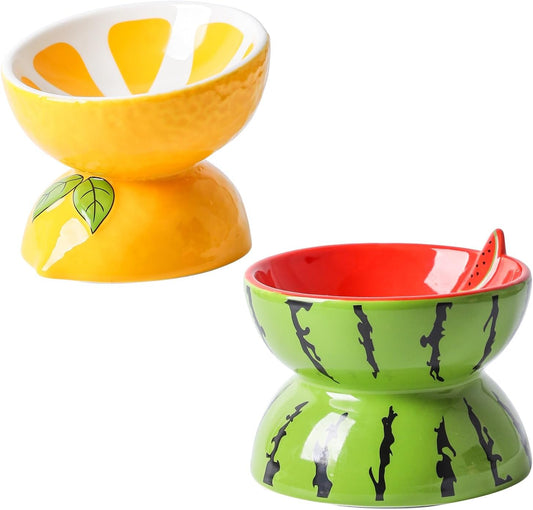 Elevated Ceramic Cat Bowls - Anti-Fatigue, Tilted Design for Stress-Free Feeding, Set of 2 Watermelon & Lemon Bowls, Ideal for Indoor Cats