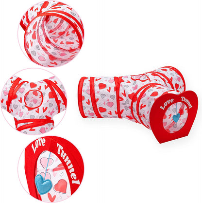 Valentine's Day Cat Tunnel: 3-Way Indoor Collapsible Toy with Play Ball for Endless Kitty Fun