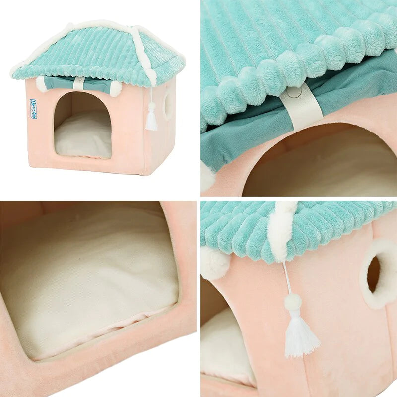 Cozy Fully Enclosed Winter Cat House - Super Soft Sleeping Bed for Warmth and Comfort.