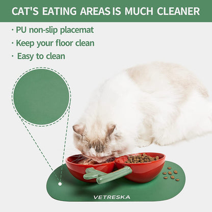 Ceramic Cherry Cat Food Bowls - Tilted Dish for Indoor Cats, Wide Non-Slip Bowl, Anti-Noise, Protecting Spine and Whiskers Design