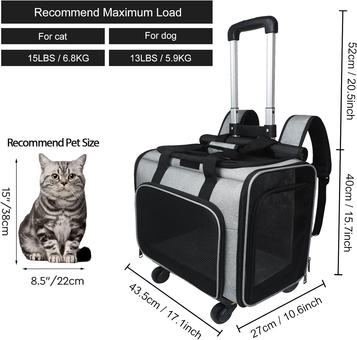 Expandable Pet Carrier Backpack with Wheels - Airline Approved, Large Space, Durable Handle, Flexible Rolling Design, and Breathable Mesh Panels (Ideal for Most Airplanes)