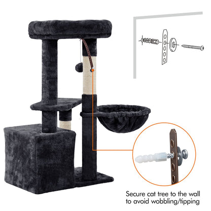 Stylish 4.5'' Black Cat Tree Condo with Scratching Post Tower, Basket, and Sisal Ropes