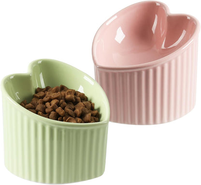 Heartfelt Dining for Your Feline Valentine: Raised Ceramic Tilted Cat Bowls, Heart-Shaped Elevated Cat Food Bowl Set in Porcelain – Ideal for Flat-Faced Cats, Promoting Spinal Health, Stress-Free Feeding, 2 Pack (Green & Pink)